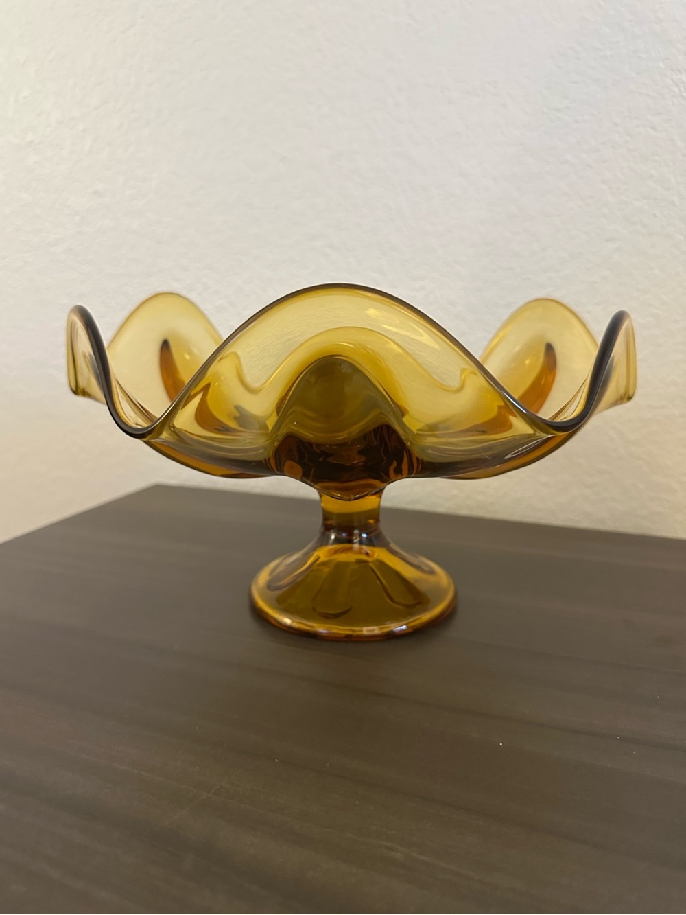 Amber glass curvy dish • heavyweight glass • mid century modern